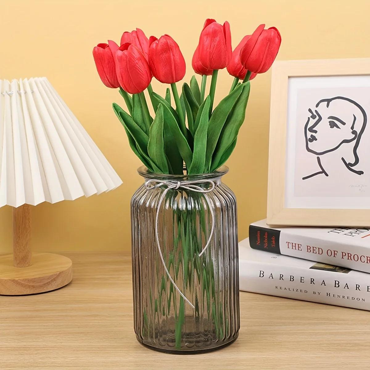 

1 шт. Искусственные цветы Букет тюльпанов ПЭ Искусственные цветы Свадебное украшение сада На открытом воздухе Украшение для дома и сада Букет Ваза Декор Растения багровый