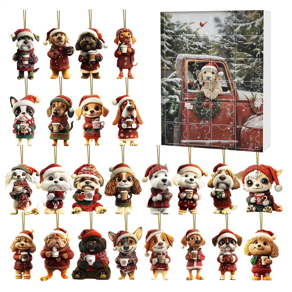 Hund Weihnachts-Countdown-Kalender 24 Tage Acryl-Ornamente Hund Kaffee trinkend Anhänger Adventskalender Haustierliebhaber Geschenk Weihnachtsdeko