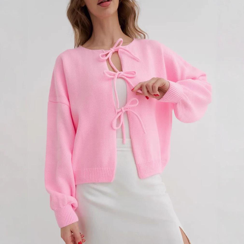 2025 Autumn/Winter European and American Women's Casual Loose Cardigan Tie Solid Color Knitted Sweater