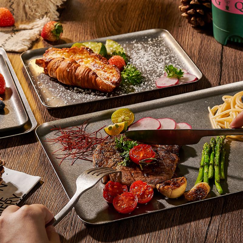 Vintage 304 Stainless Steel Snowflake Silver Square Tray Round Edge Dinner Plate Dessert Grill Tray Steak Plate Decorative Tray