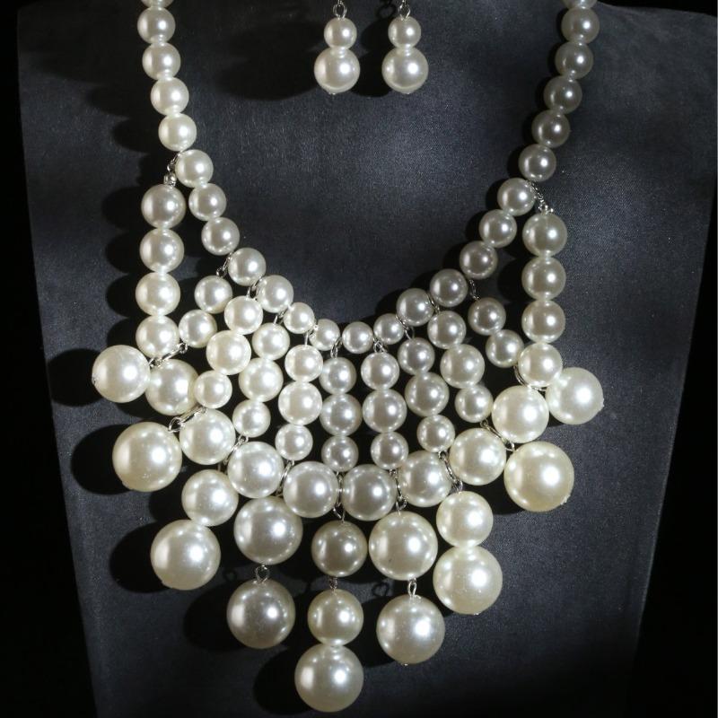 European and American Handmade Pearl Fringed Necklace Earrings Set Luxury Pearl Jewelry Set