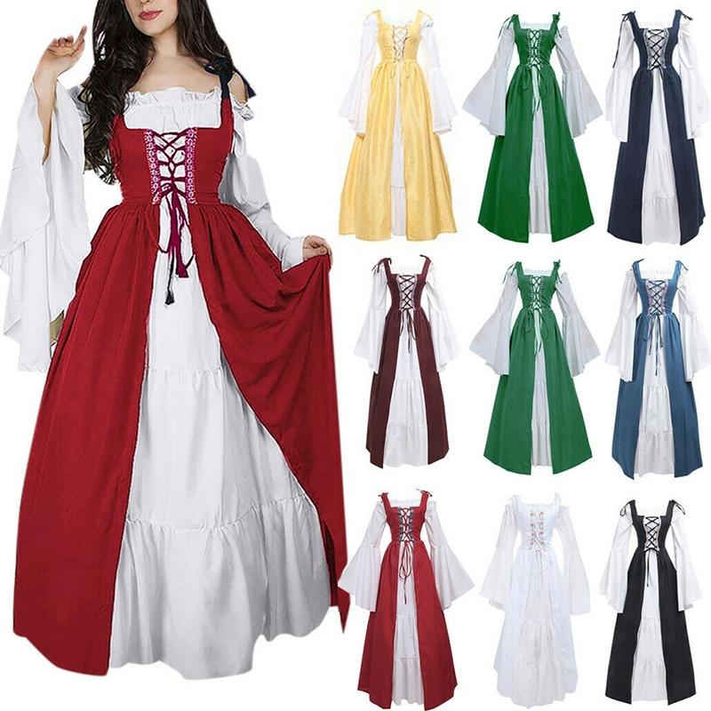 Renaissance Womens Vintage Medieval Long Dress Halloween Gothic Costume Gown