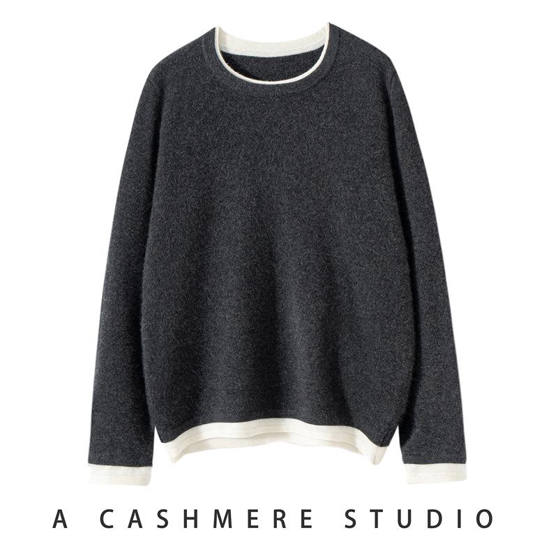 Pure Cashmere Color Block Round Neck Knit Sweater - Women's Long Sleeve Loose Fit Base Layer for Fall/Winter