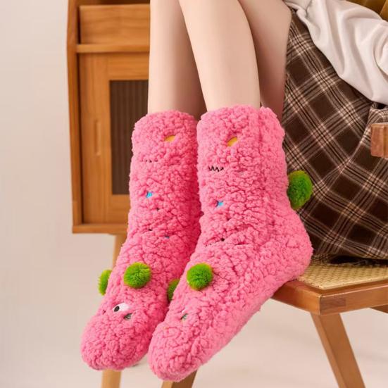 1 Pair Women Socks Cartoon Pattern Thickened Warm Knitting Socks Non-Slip Plush Pilling Resistant Floor Socks