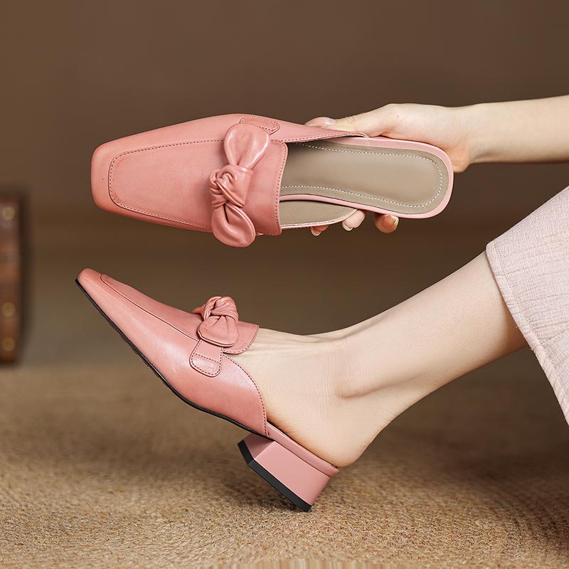 Fashion 2025 Women Shoes Genuine Leather Square Toe Women Sandals Solid Modern Sandals for Women Chunky Heel Bowknot Women's Mules Shoes