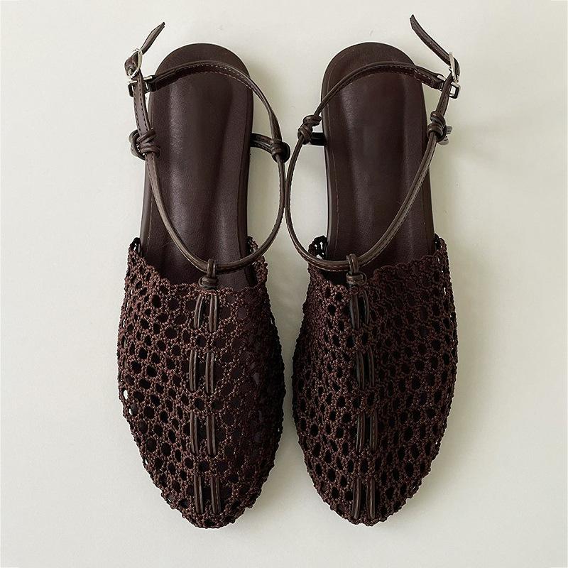 Sheepskin Version~ Niche Retro Woven Roman Shoes One-word Buckle Flat Bottom Fishing Net Bag Head Sandals Women Wear Half Slippers