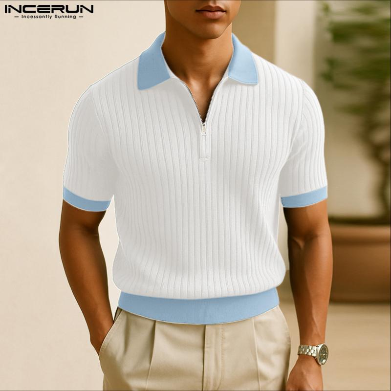 INCERUN Men Lapel Short Sleeve Stitching Casual Office T-shirts Rib Tops