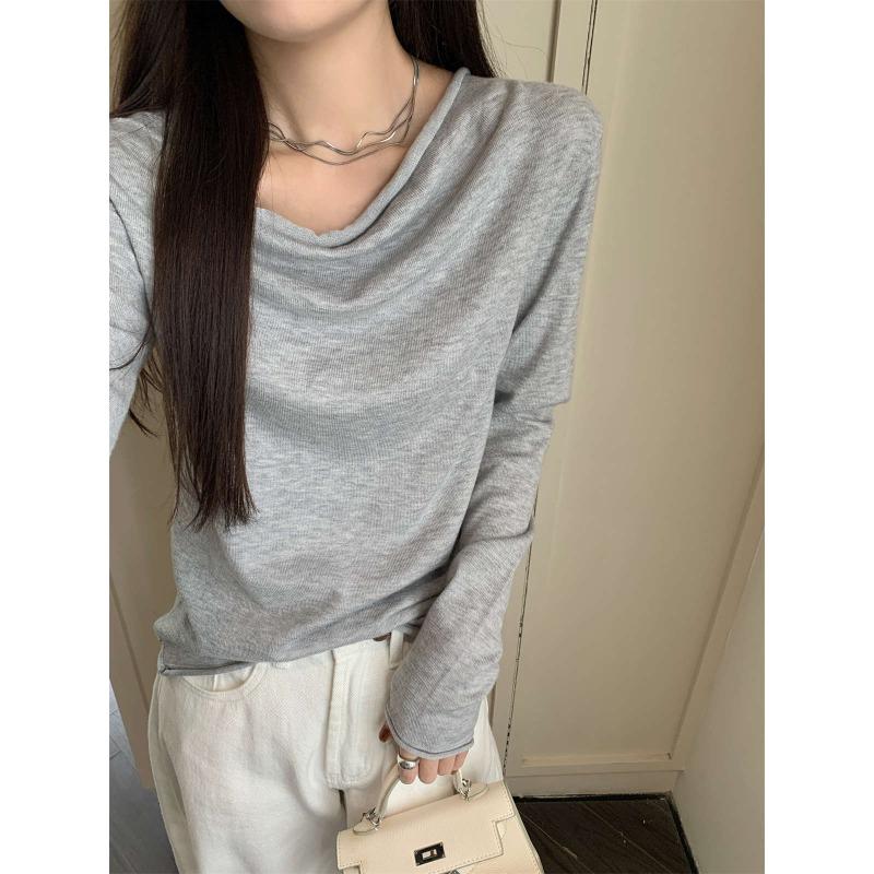 

Вязаная базовая кофта с вырезом-качели, весна, новый минималистичный стиль, универсальный повседневный свитер с длинным рукавом, женский топ, тренд L серый