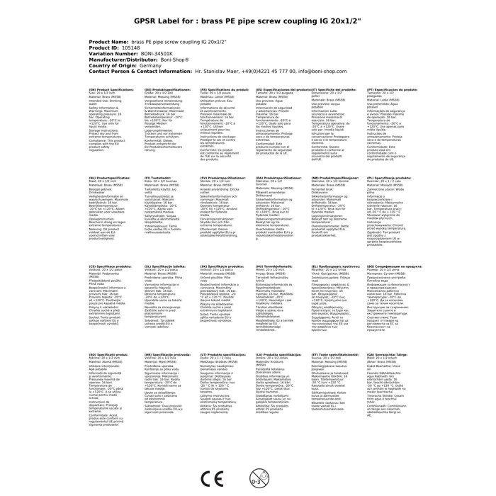 Raccord de tuyau PE en laiton Coupleur IG 20x1/2"