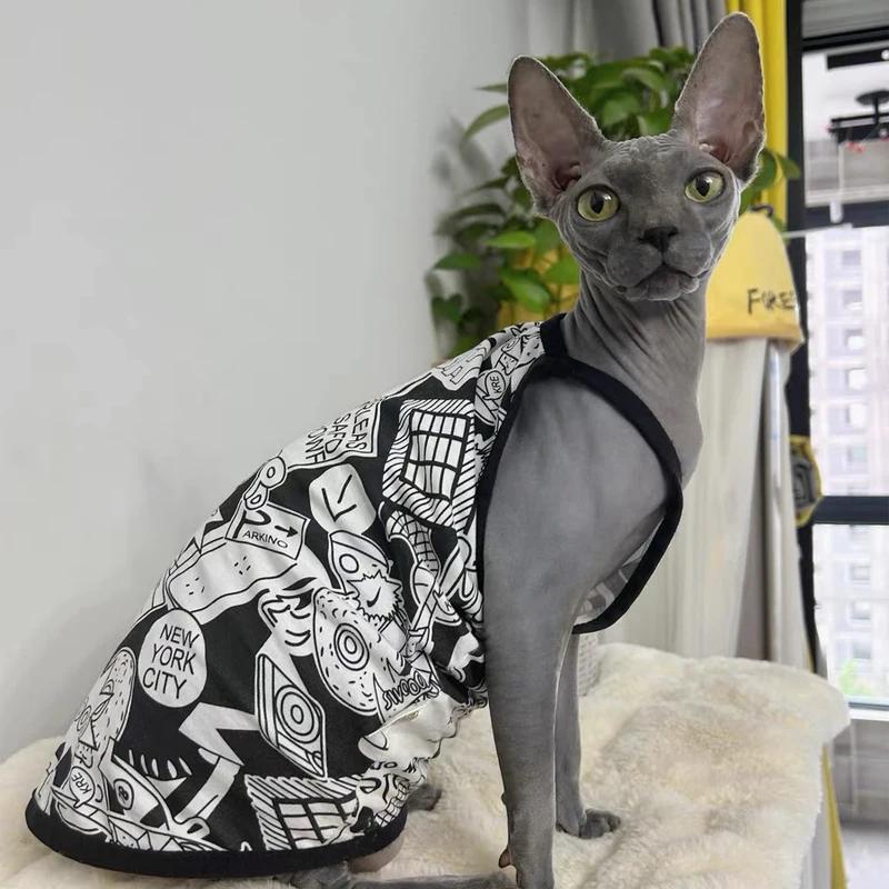 

Cotton Cartoon Vest for Sphynx Cat in Summer Fashion T-shirt for Kittens Breathable Halter Tops for Cat Pajamas for Devon Rex L чёрный
