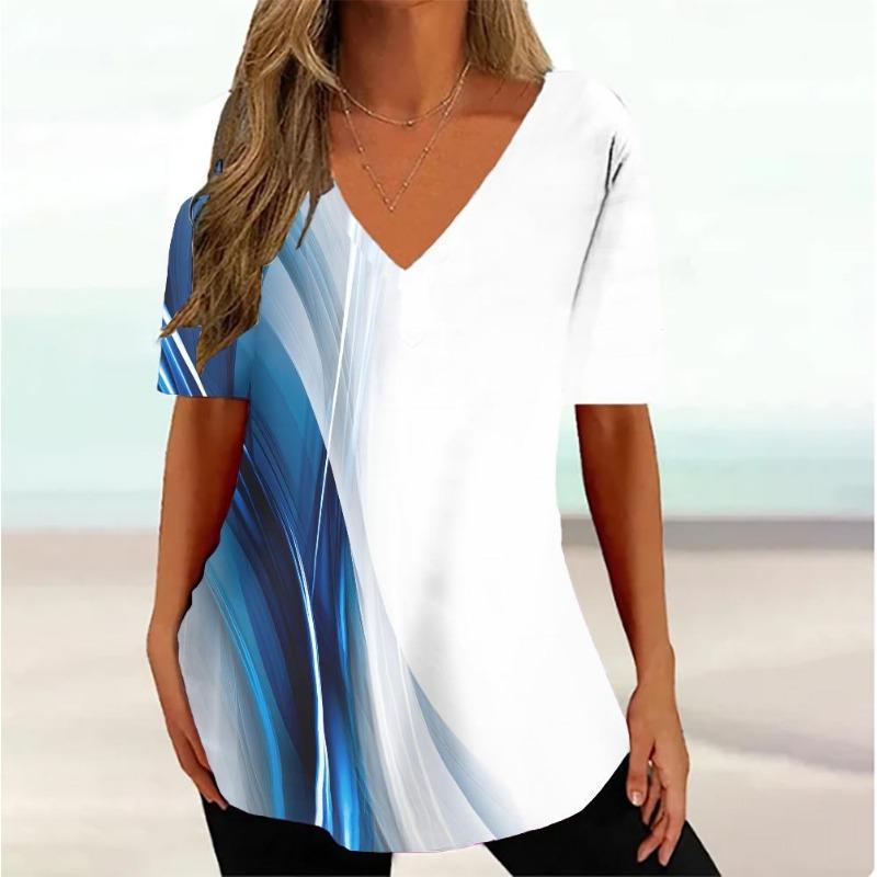 Mode Einfache Wellenkurve 3D-Druck T-Shirts Damen V-Ausschnitt Kurzarm T-Shirt Y2k Harajuku T-Shirts Lässige Tops Damenbekleidung