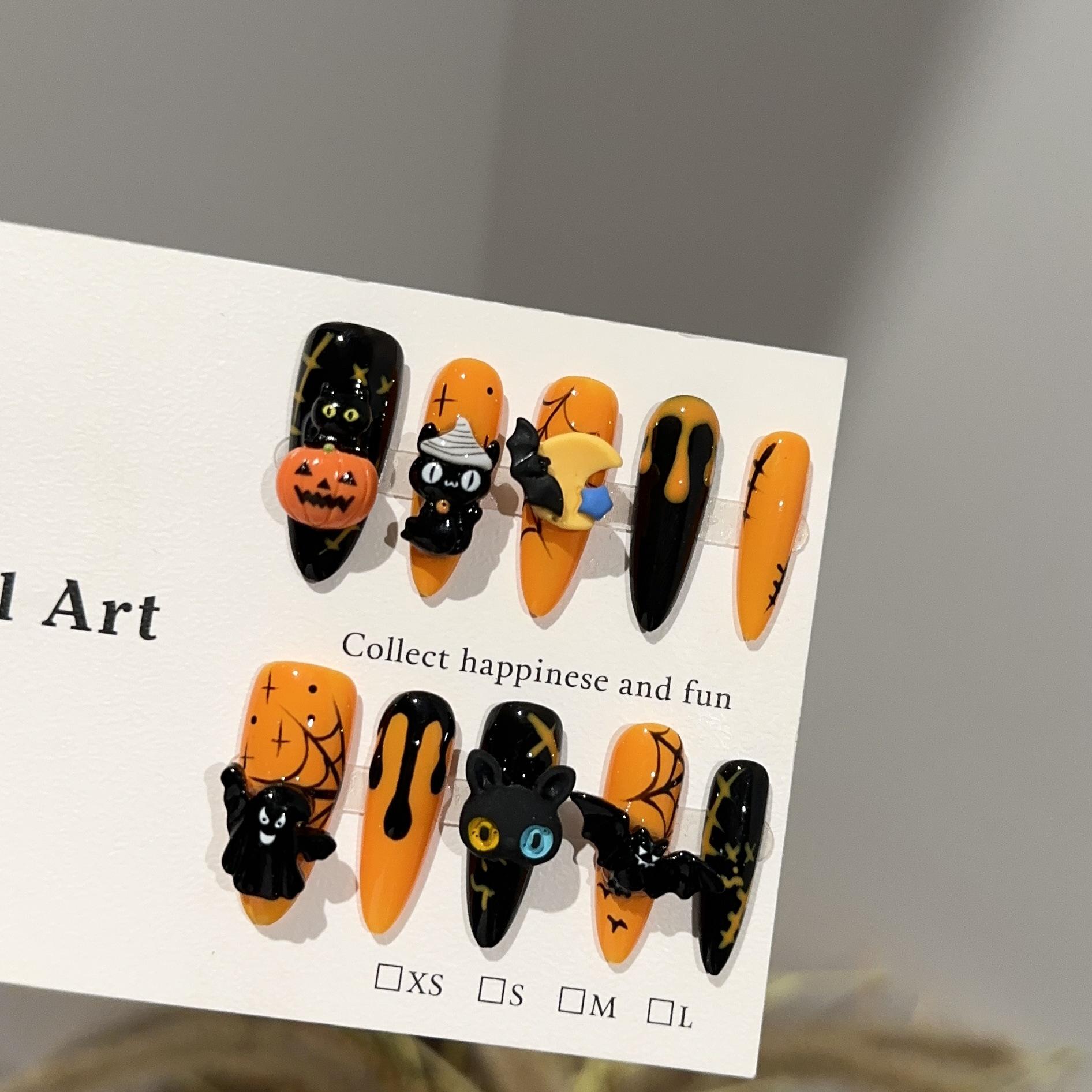 

Handcrafted Halloween Pumpkin Bat False Nail Set - High-End, Autumn/Winter Orange-Yellow Design Extra Small