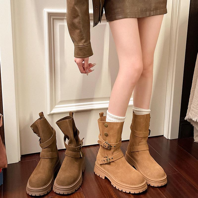 Fashion Studded Metal Buckle Platform Single Boots Women's Autumn New Round Toe Upper Foot Non-Slip Block Heel Short Boots