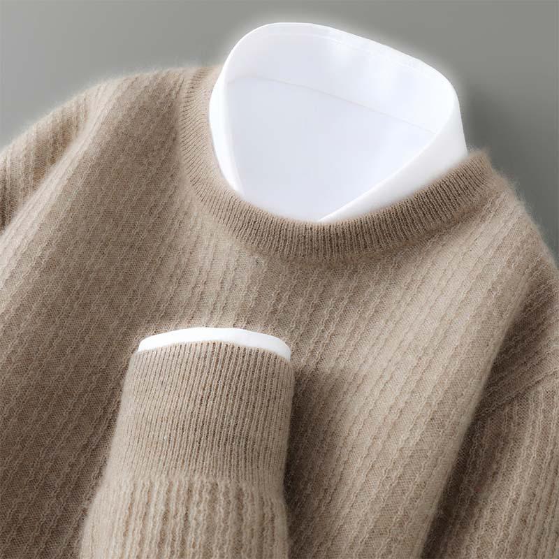 Men's Casual Round Neck Jacquard Wool Sweater - Loose Fit Pullover