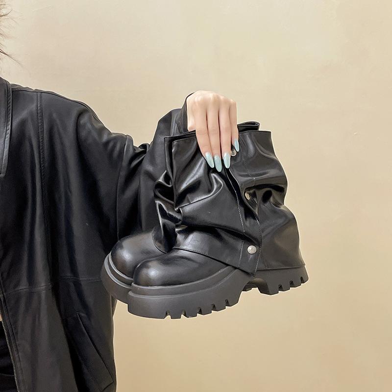 Sense of design British leather boots Rivet stacking boots Women's autumn and winter fashion thick-soled thin thick-heeled high-heeled Martin boots