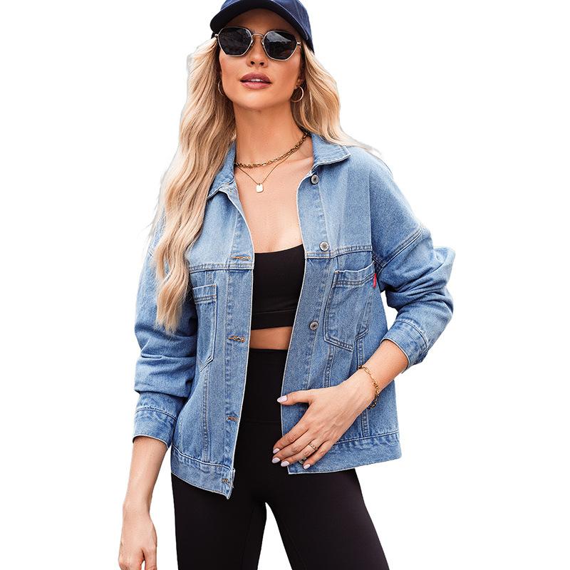 

Hot autumn new solid color jacket women s casual style multi-pocket denim jacket women 2XL