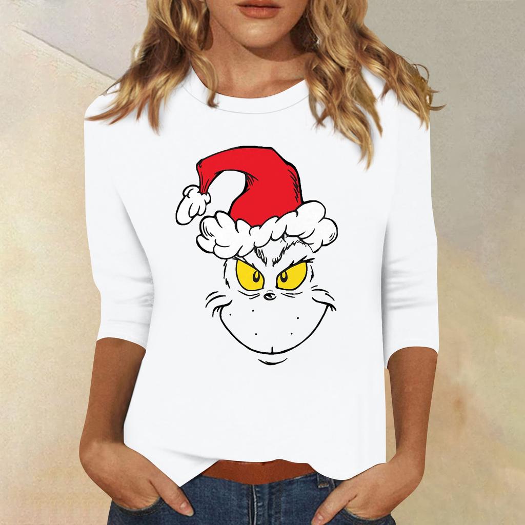 3/4 Sleeve Tops For Women T-Shirt Casual Christmas Print Tops T Shirt Round Neck Pullover Blouse