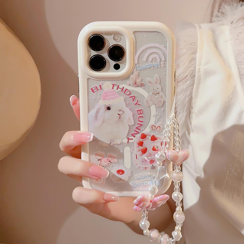 Magnetic Suction Suitable for IPhone 16 Mobile Phone Case Apple 15 Cake Pink Rabbit Bracelet 14ProMax Cute 12 Anti Fall