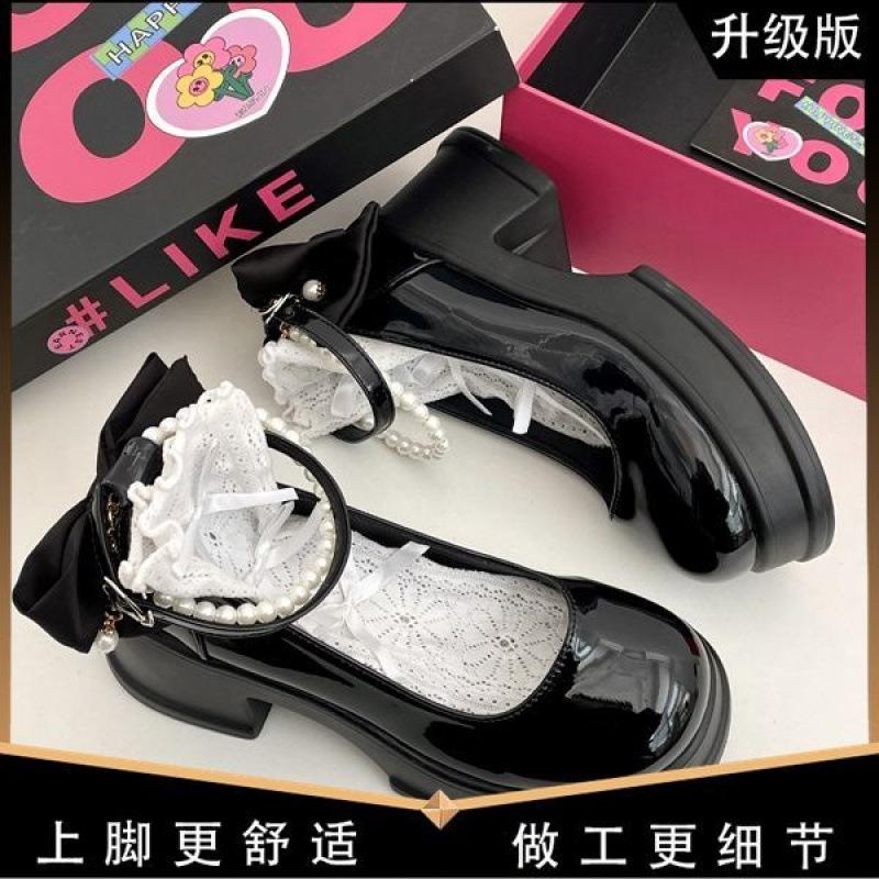 

French high-heeled Mary Jane small leather shoes women s spring new Korean version versatile bow pearl thick-soled heightening single shoes 55 two pairs of heel stickers