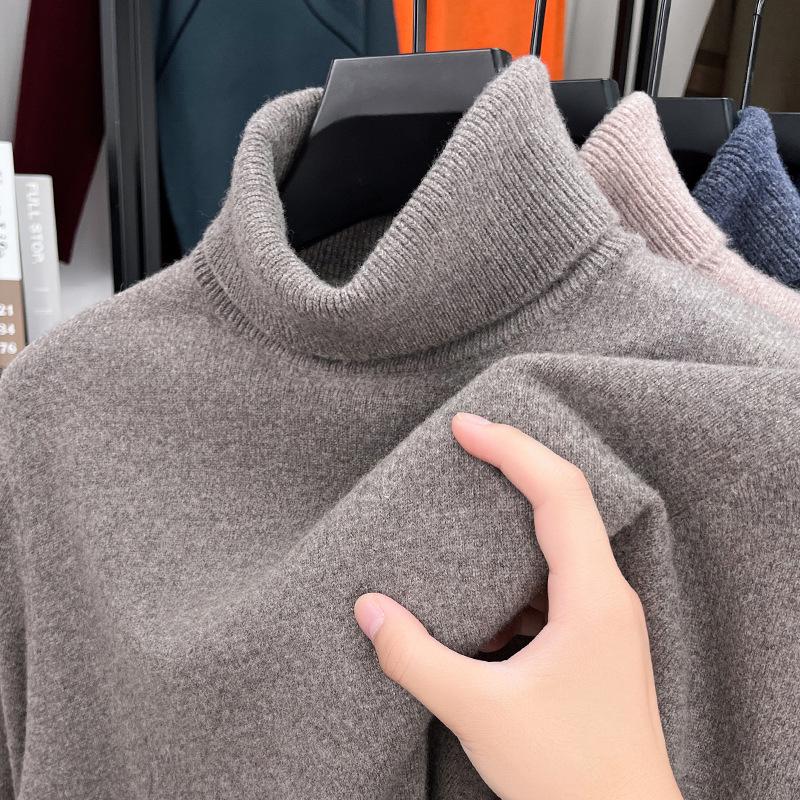 2025 Autumn/Winter Men's High Neck Lambswool Sweater, 100% Wool, Versatile Loose Pullover Base Layer