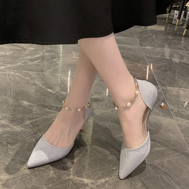 Fashion One Word Belt Pointed Toe High Heels Summer New Baotou Shallow Mouth Non-tiring Feet Thin Heel Ultra-soft Hollow Sandals