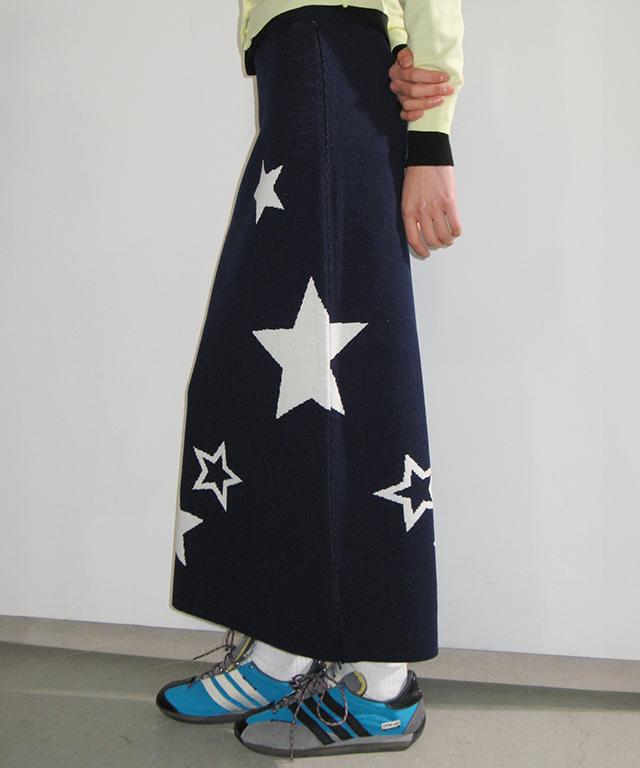 Ronron Star Pattern Banding Knit Long Skirt Navy