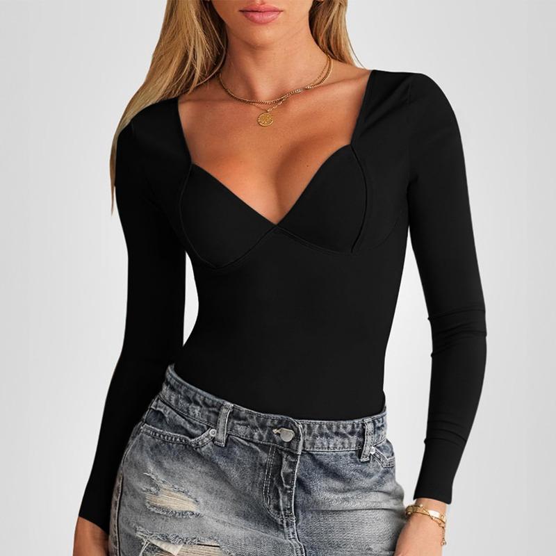 Damen Quadratischer Ausschnitt Tiefes V Langarm Schlankes Crop-Top