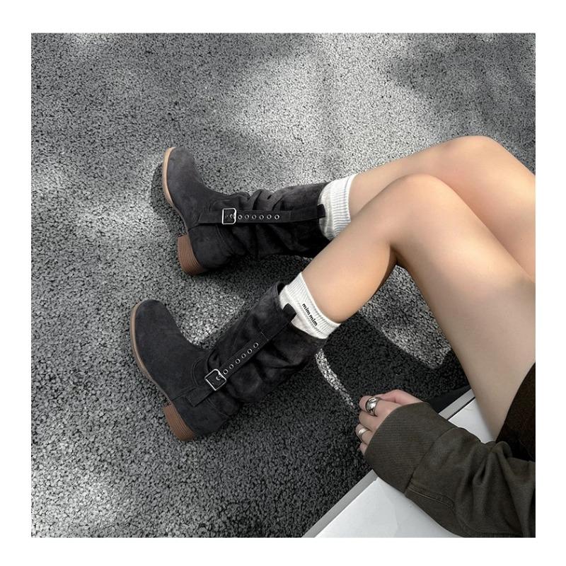 

High mercerized cow flip stack boots women s medium boots autumn and winter new round head thick heel sleeve belt buckle single boots 40 чёрный