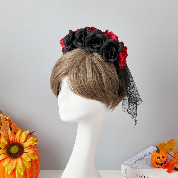 Delicate Rose HairBand Black Headdress Mysterious Rose Hairband with Black Headdress for Halloween Parties Costume