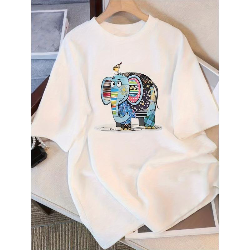 Футболка с слоном пастельно-голубого и желтого цветов - Свободная футболка с коротким рукавом с милым дизайном слона, легкая дышащая футболка, подходящая для отдыха S белый