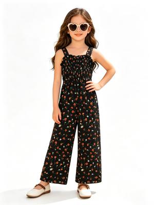 Girls 120-160 Elegant Shirred Waist Jumpsuit Sleeveless Suspender Flowy Wide Leg Casual One Piece Romper