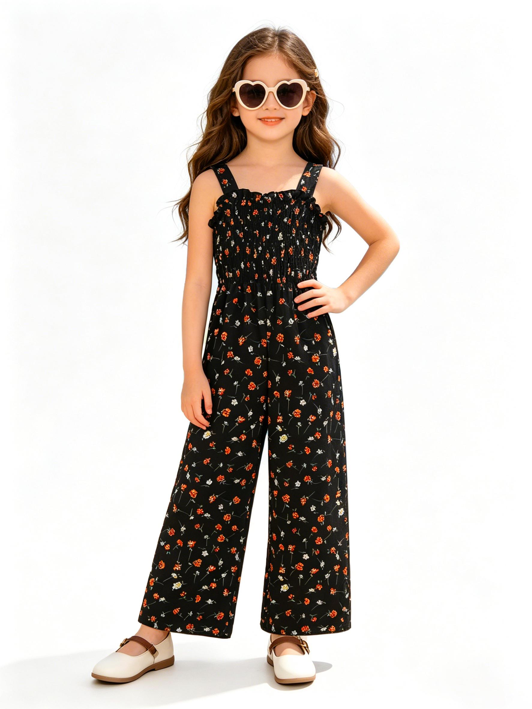 Girls 120-160 Elegant Shirred Waist Jumpsuit Sleeveless Suspender Flowy Wide Leg Casual One Piece Romper 120 чёрный