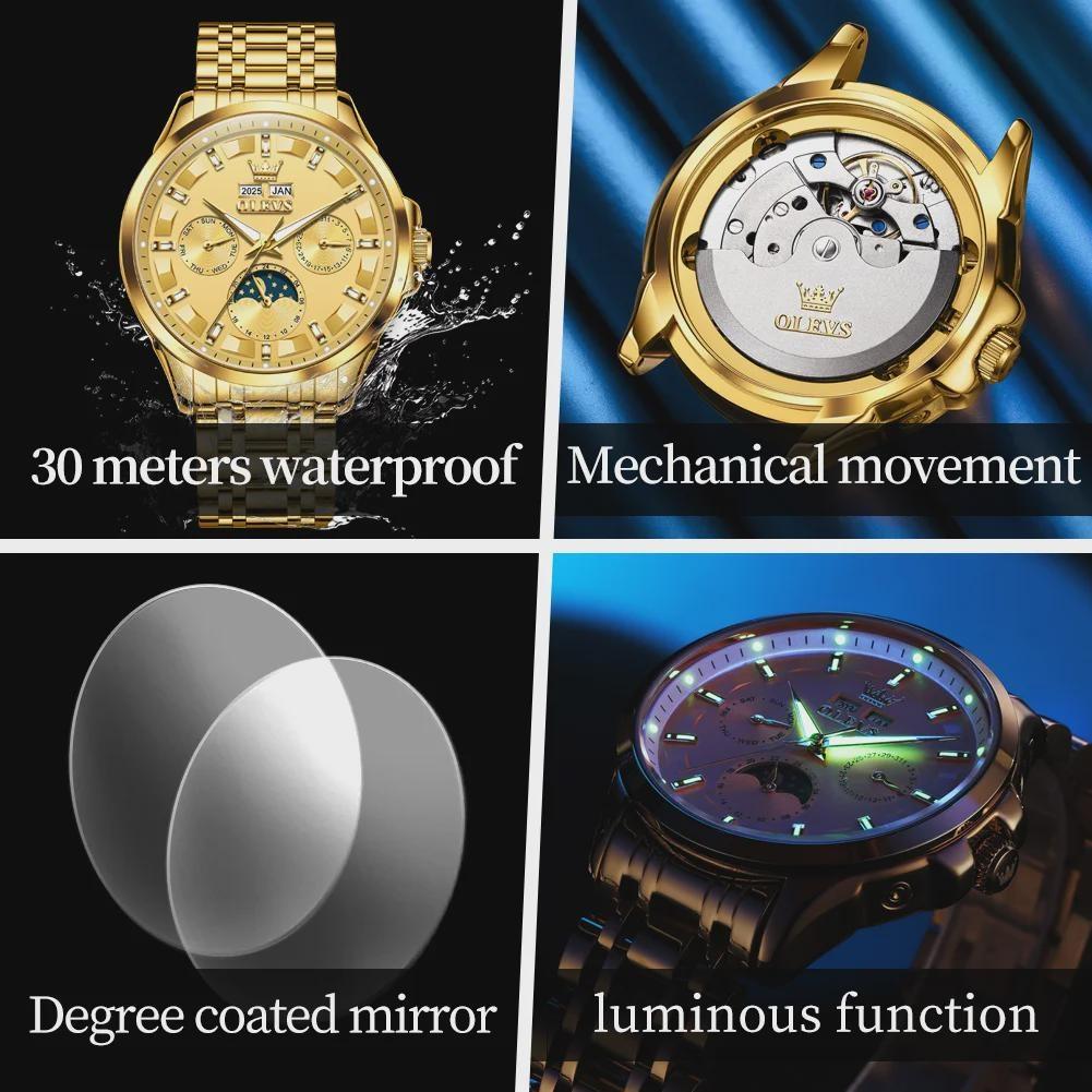 Luxusní pánské plně automatické mechanické hodinky Multifunkční vodotěsné hodinky s fází měsíce Pánské sportovní hodinky
