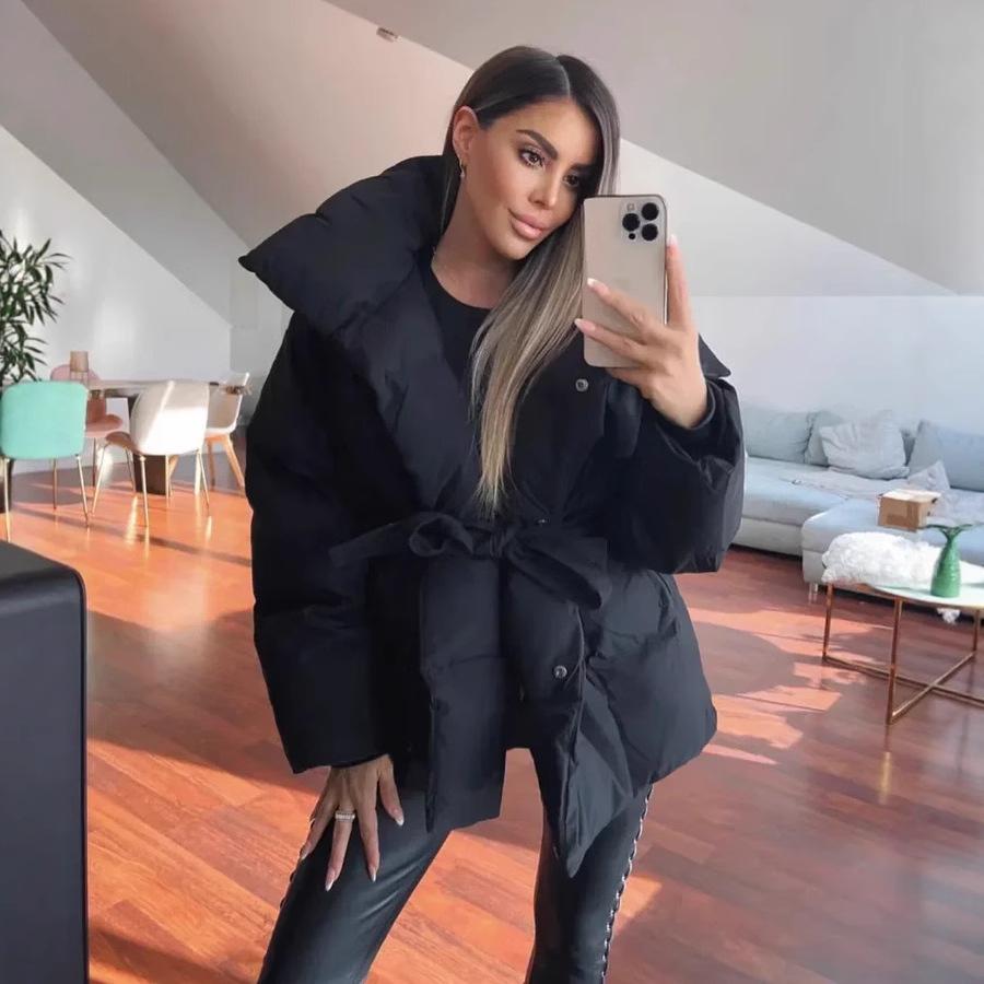 European and American women's clothing keeps warm and closes the waist, long sleeves tie the waist, loose and solid color fashionable cotton-padded