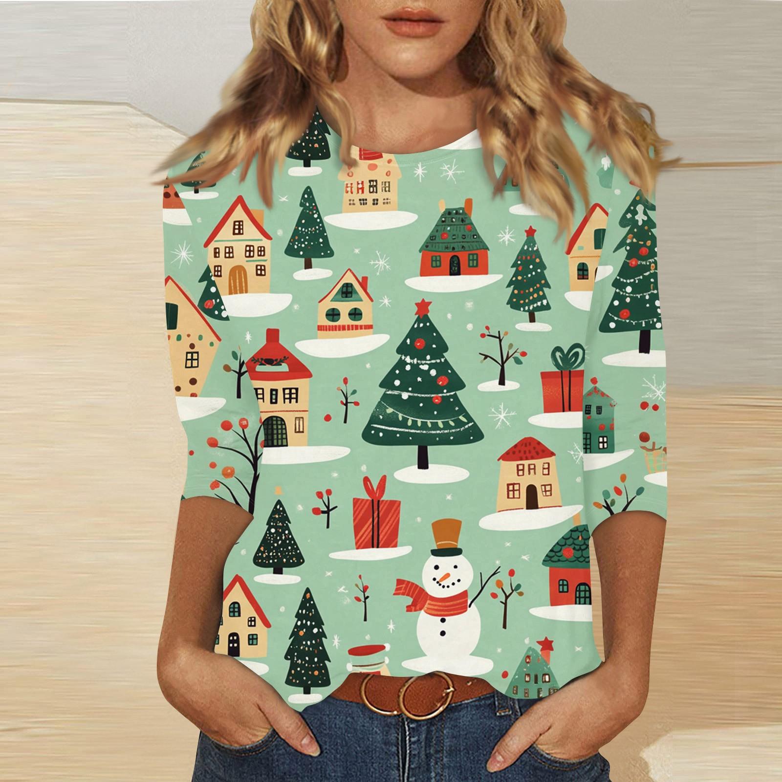 Женская мода повседневная три четверти рукава рождественский принт круглый вырез пуловер — фото 7