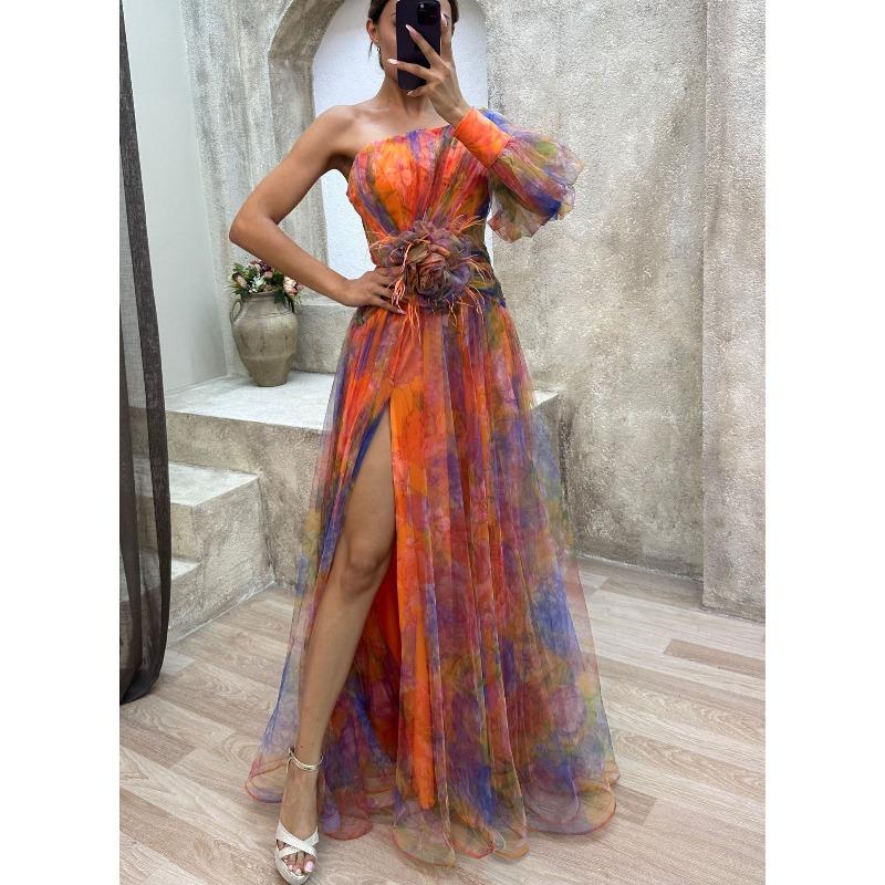

New party mesh slanted shoulder dress, casual fashion dress for women XL помаранчевий