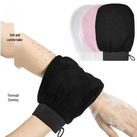 Black Double-Sided Exfoliating Mitt: Fine & Coarse Sand for Painless Mud Removal, Back Scrubbing, and Shower Massage.