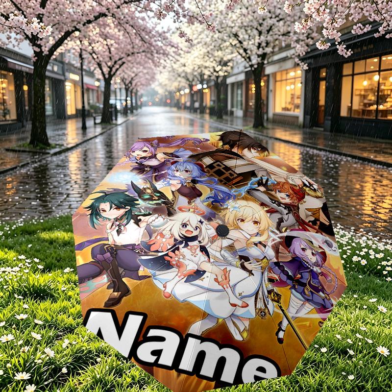 Custom Name Personalized Genshin Impact Print Umbrella, Auto Open Close, 8‑Rib Sturdy Frame, Commute Camping Hiking Use, Birthday Gift