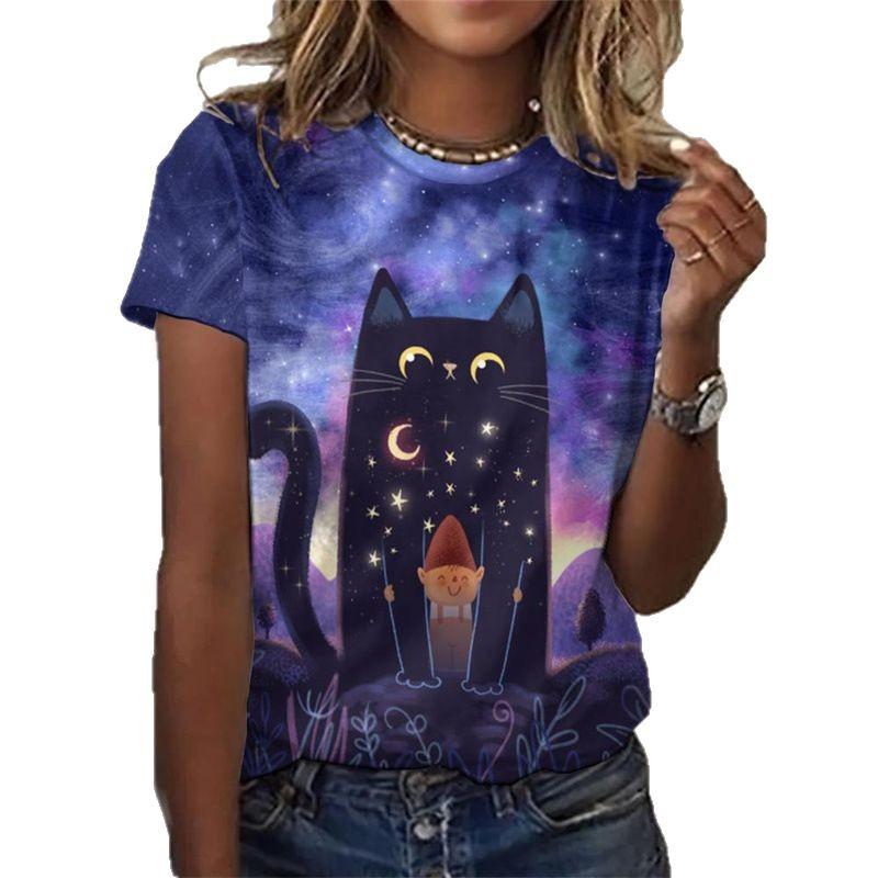 Summer Round Neck 3D Cartoon Night Cat Printed Top Fashionable Casual Short Sleeved Women's T-shirts