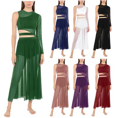 Dames Lyrische Danskostuums Mouwloos Mesh Tule Flowy Maxi Lange Jurk Moderne Hedendaagse Danskleding
