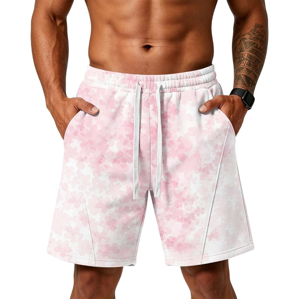 Men Floral Print Loose Fit Athletic Training Gym Beach Shorts with Pockets Elastic Waistband Drawstring Casual Sportswear