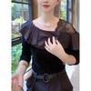2026 Autumn New Korean Style Plus Size Off-Shoulder Lace Ruffle Patchwork Long Sleeve Slimming Top Versatile and Stylish