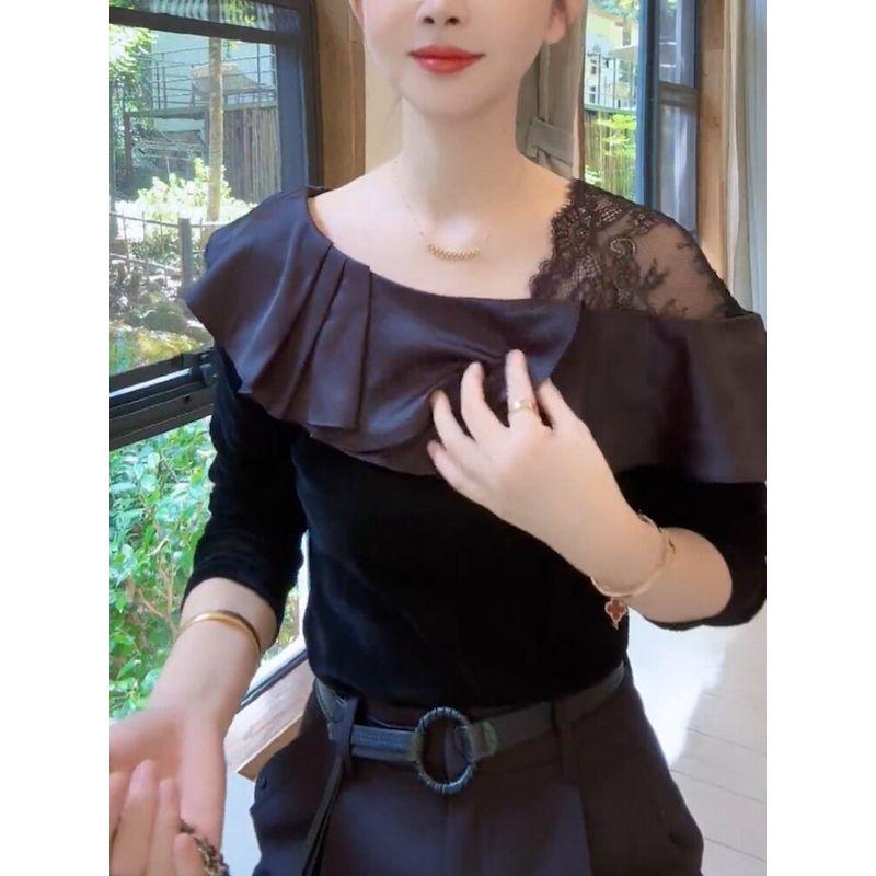 2026 Autumn New Korean Style Plus Size Off-Shoulder Lace Ruffle Patchwork Long Sleeve Slimming Top Versatile and Stylish