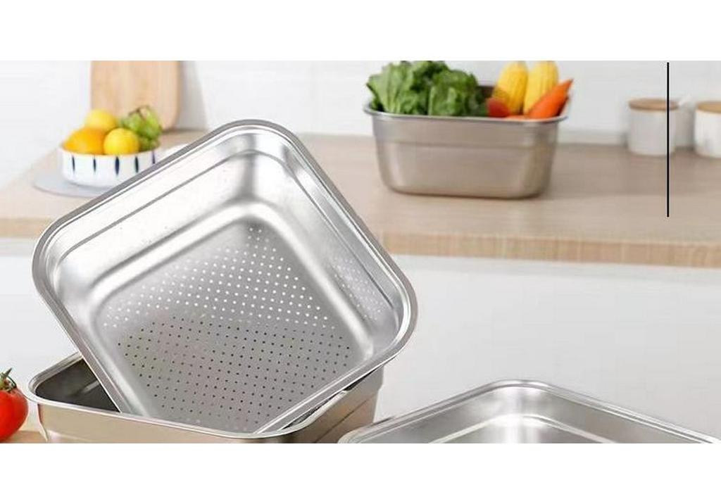 Square Stainless Steel Vegetable & Rice Washing Basin with Sieve