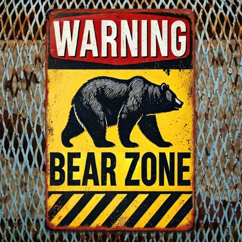 Póster de Metal Señal de Advertencia Vintage Decoración de Oso Negro Amarillo Arte de Pared de Seguridad para Exteriores