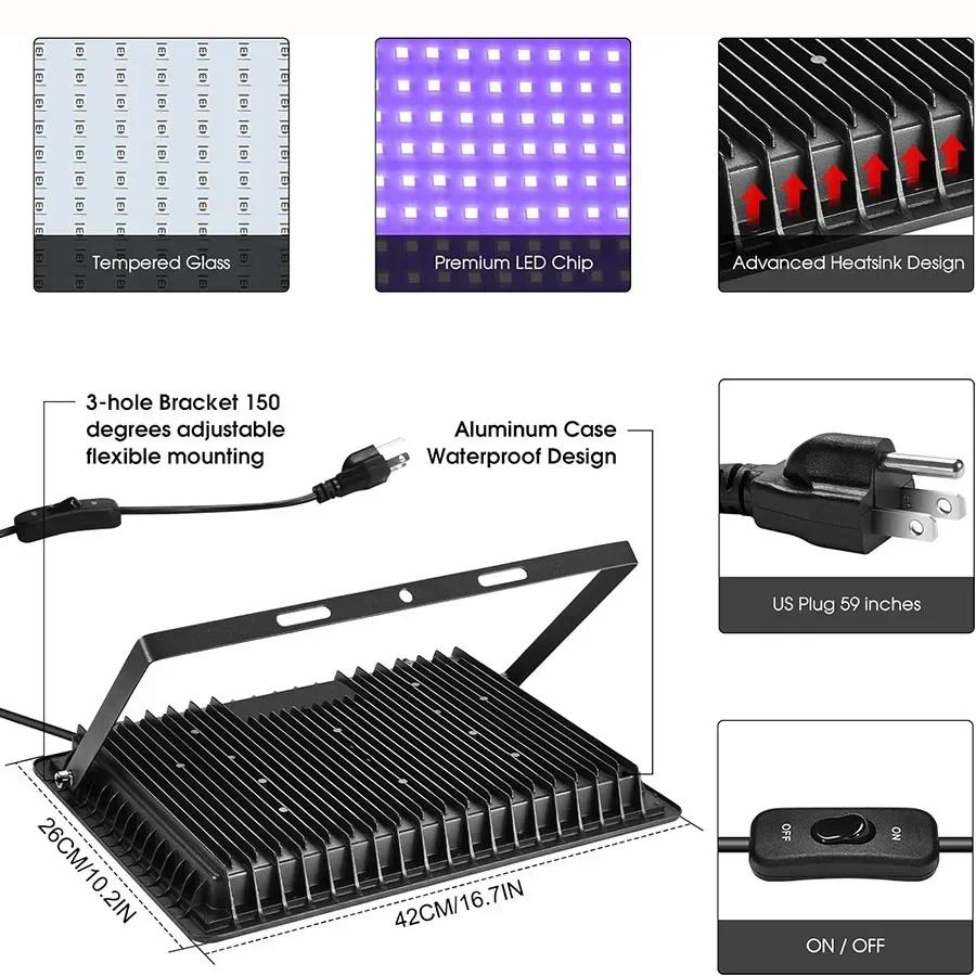 High Power 400W LED UV Black Light 100W 200W 300W UV Flood Light Outdoor 395nm LED UV Blacklight Floodlight for Glow Party Decor