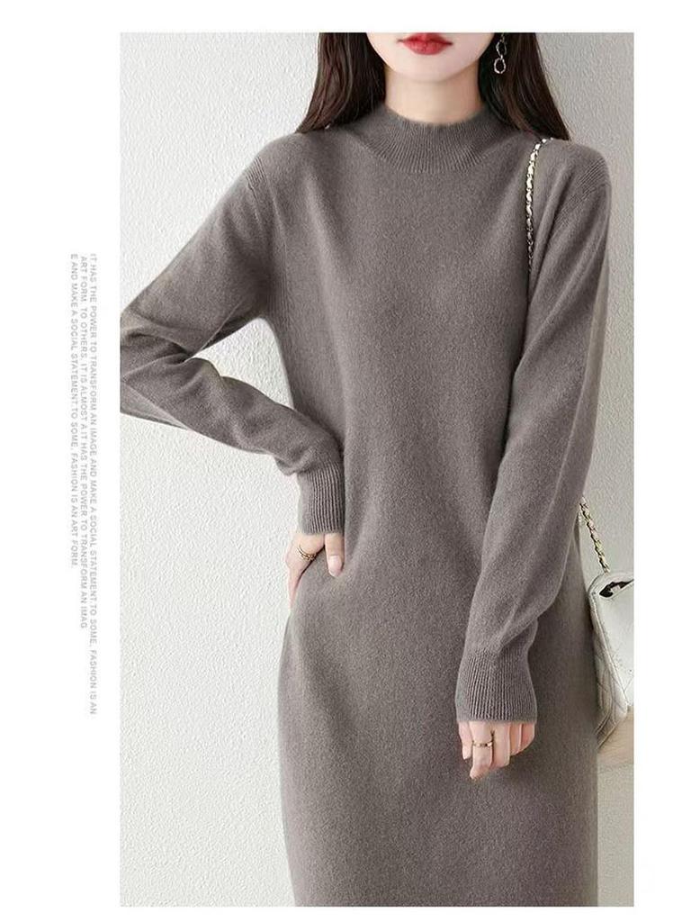 Women's Wool Knit Sweater Dress - Half High Neck, Over Knee, Loose Mid-Length Pullover for Autumn/Winter