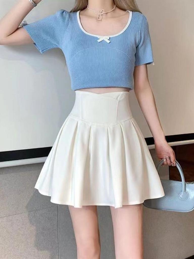 High-waisted Pleated Mini Skirt for Women Slim A-line Skirts Elegant Vintage Female Korean Style Clothing Summer