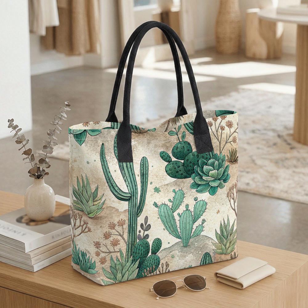  Cactus Pattern Tote Bag Portable Large Capacity Shoulder Bag for Daily Commute Shopping