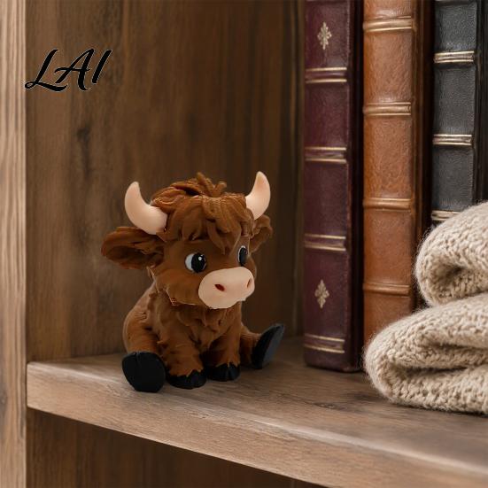 Highland Cow Figurines 3D Printed Figurines Cartoon Sitting Sculpture Cute Animal Fun Gifts Ornament for Desk Decoration Creative Desktop